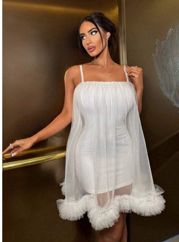 SXY Mesh Ruffle Trim Cami Dress All Over - Divarouj