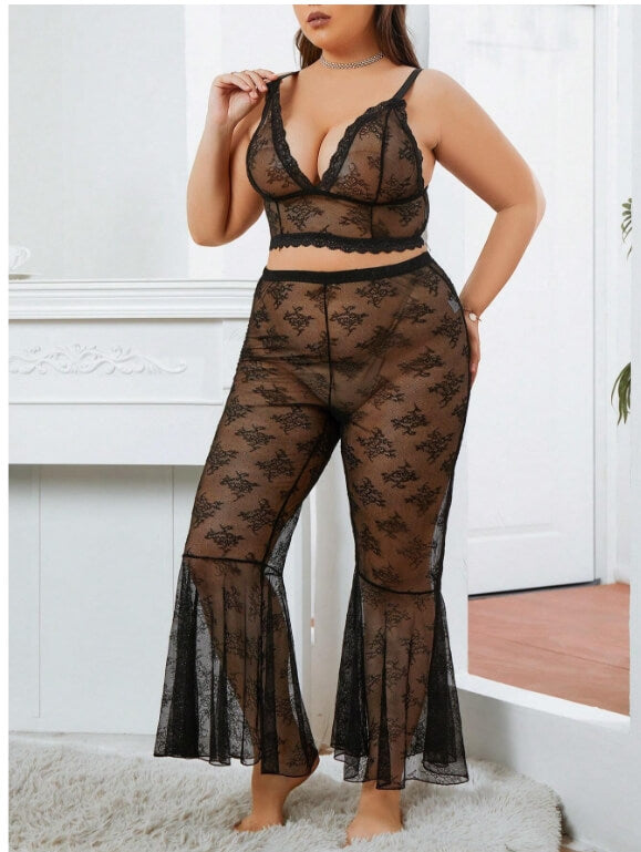 Classic Sexy Plus Size Women's Sexy Sheer Lace Lingerie Set - Divarouj