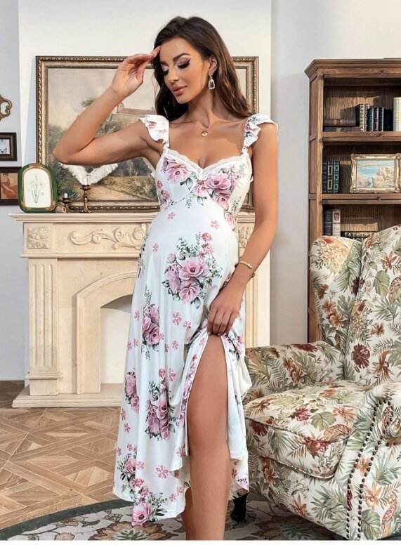 Maternity Floral Print Ruffle Trim Split Thigh Dress - Divarouj