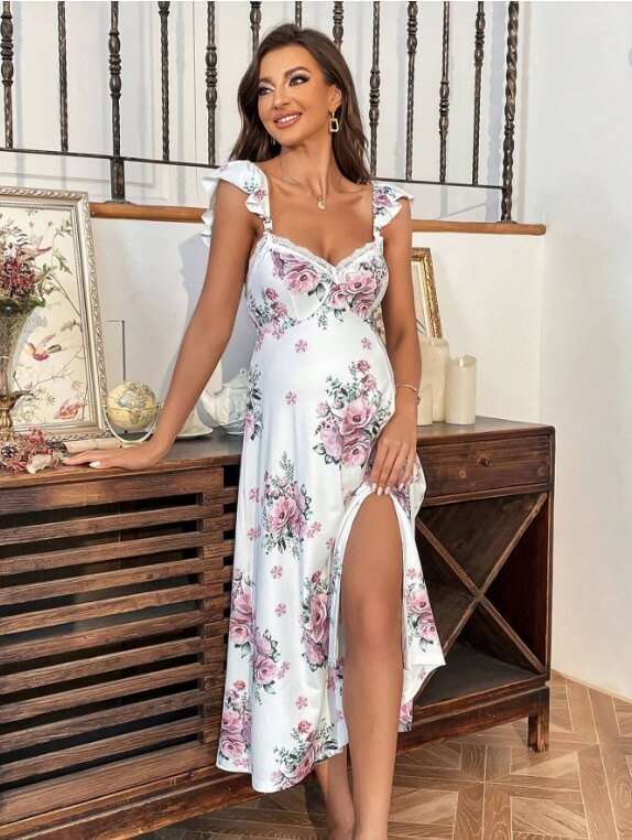 Maternity Floral Print Ruffle Trim Split Thigh Dress - Divarouj