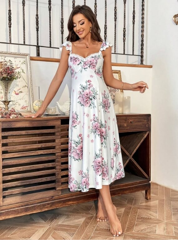 Maternity Floral Print Ruffle Trim Split Thigh Dress - Divarouj