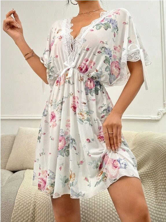 Nightgown with Flower Pattern, Contrast Lace, Batwing Sleeves, Knot, Mesh - Divarouj