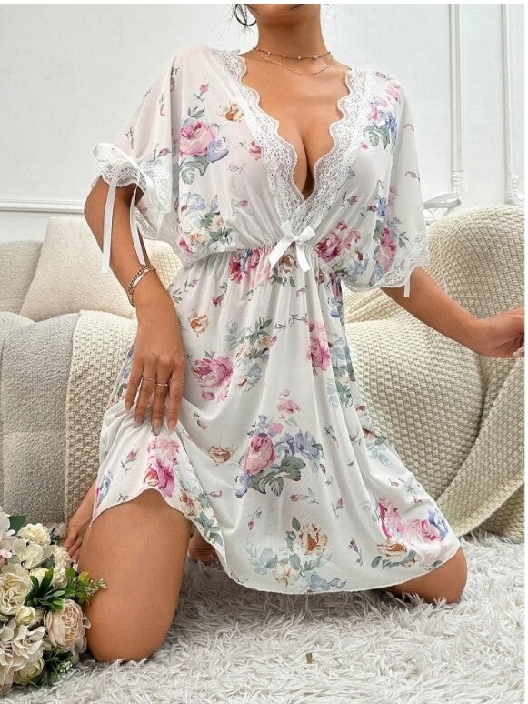 Nightgown with Flower Pattern, Contrast Lace, Batwing Sleeves, Knot, Mesh - Divarouj