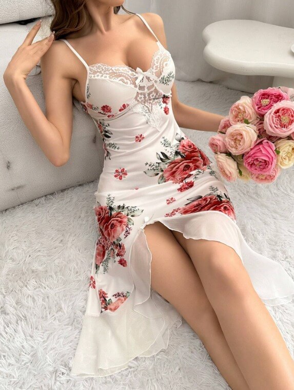Women's Lace Trim Floral Pattern Cami Nightgown - Divarouj
