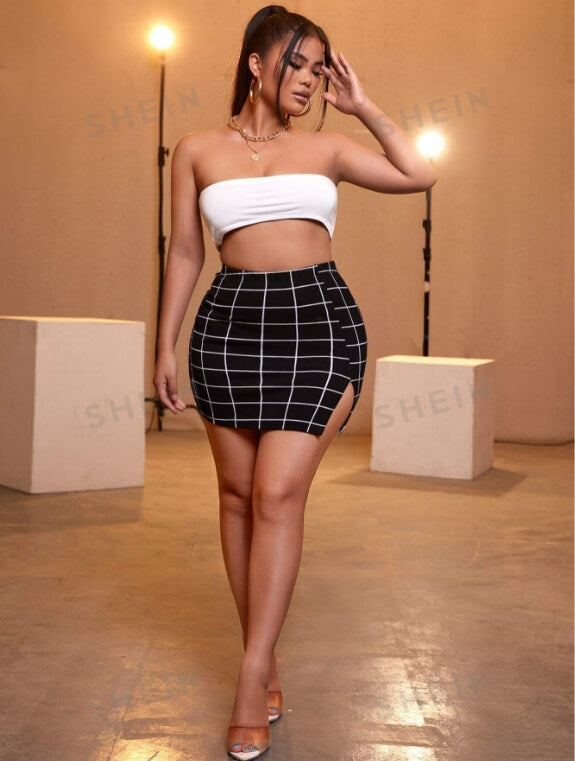 SXY Grid Plaid Split Side Bodycon Skirt