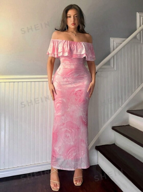 Women's Holiday Designer Ditsy Floral Dress, Tie Dye Effect, Ruffle Hem, Flattering Silhouette