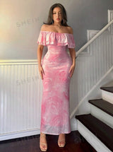 Women's Holiday Designer Ditsy Floral Dress, Tie Dye Effect, Ruffle Hem, Flattering Silhouette