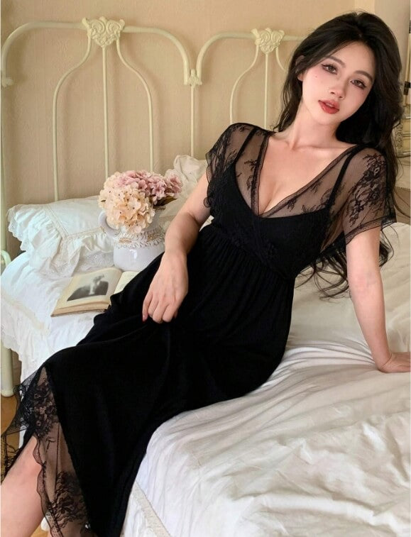 women Sexy Lace Patchwork Perspective Camisole Sleepwear Dress - Divarouj