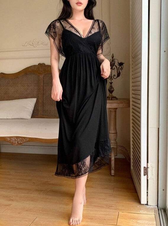 women Sexy Lace Patchwork Perspective Camisole Sleepwear Dress - Divarouj