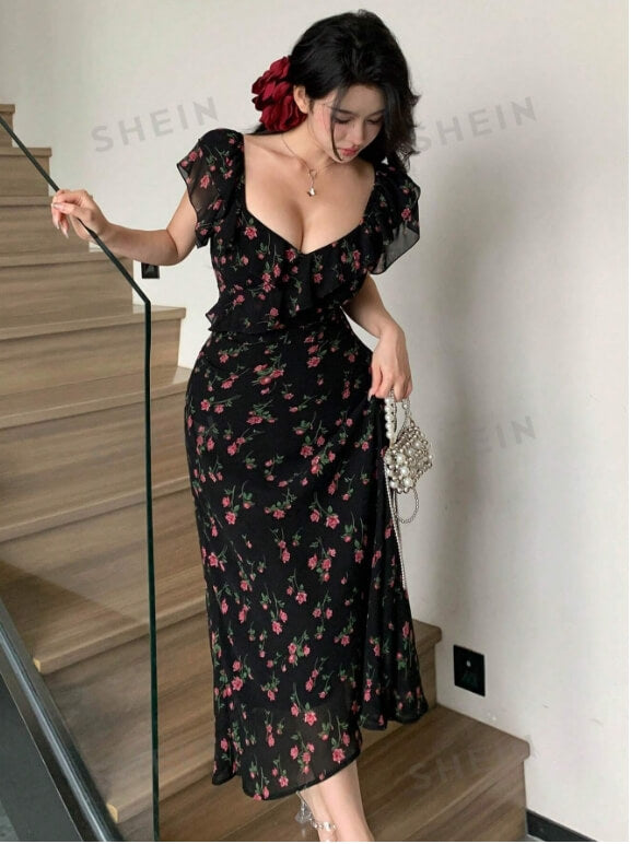 Women's Sweetheart Collar Dress Floral Prints and Ruffle Hem for Summer