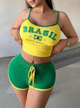 Summer Color-Contrast Letter Printed Tank Top And Shorts Set