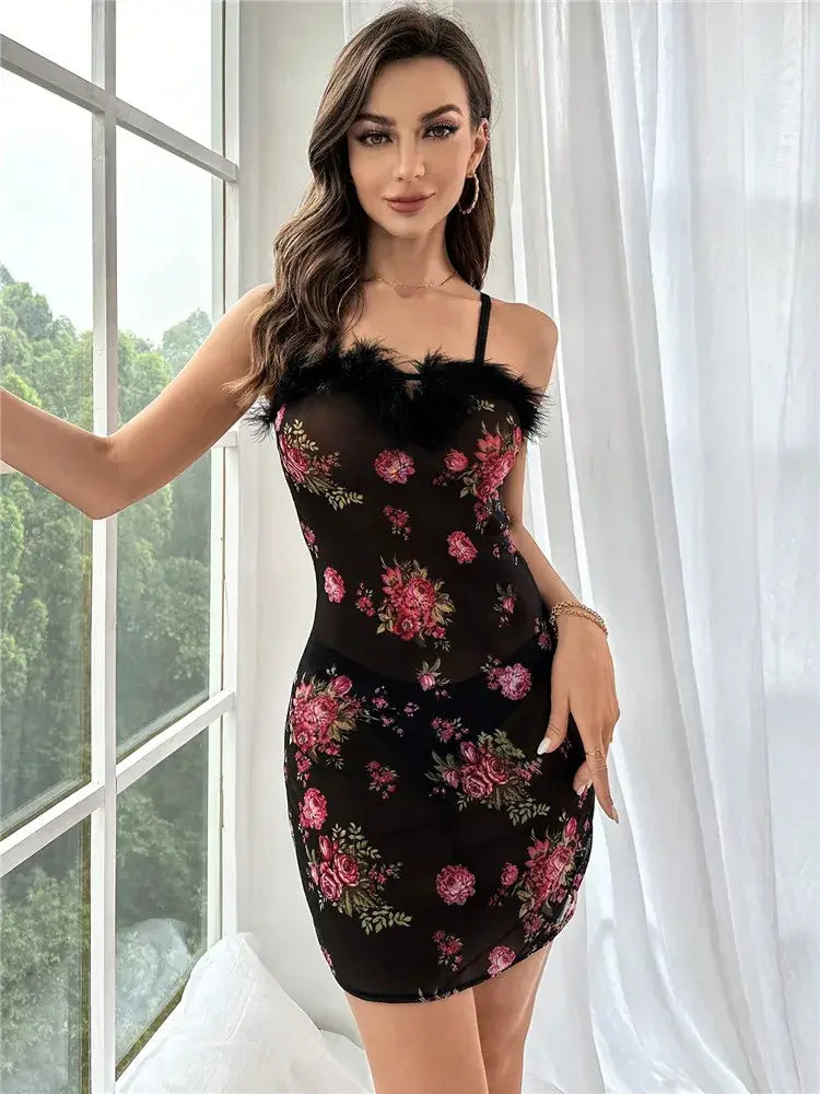 Mesh nightshirt with floral pattern