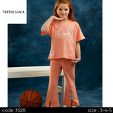 Two-Piece Loose Neck Loose Neck Flowing Pants T-Shirt for Little Girl, Casual Wear