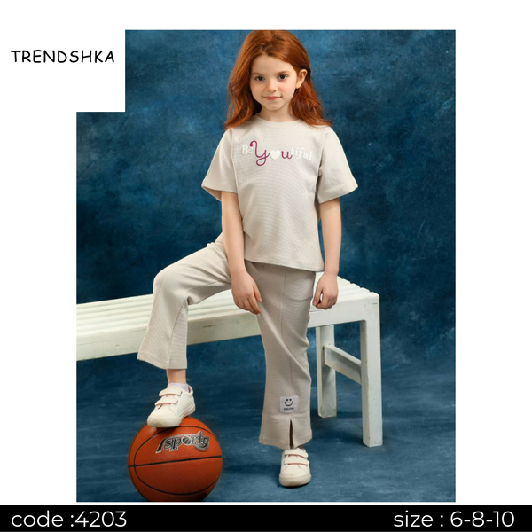 Two-Piece Loose Neck Loose Neck Flowing Pants T-Shirt for Little Girl, Casual Wear