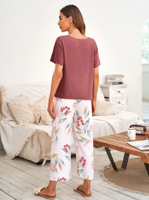 Bowtie-fed plant print pajama set - Divarouj