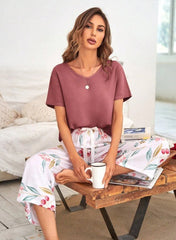 Bowtie-fed plant print pajama set - Divarouj