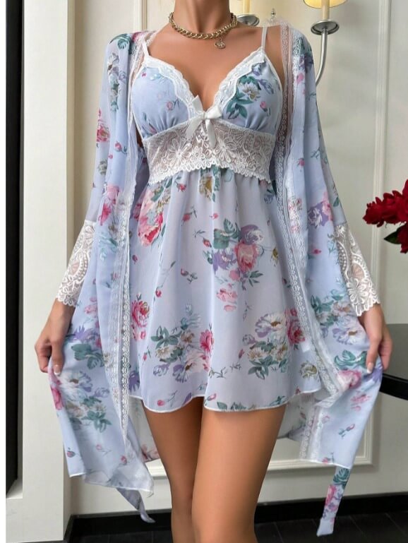 Floral Print Contrast Lace Cami Dress & Robe Pajama Set - Divarouj