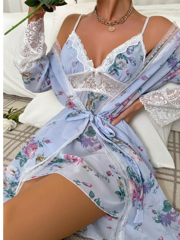 Floral Print Contrast Lace Cami Dress & Robe Pajama Set - Divarouj