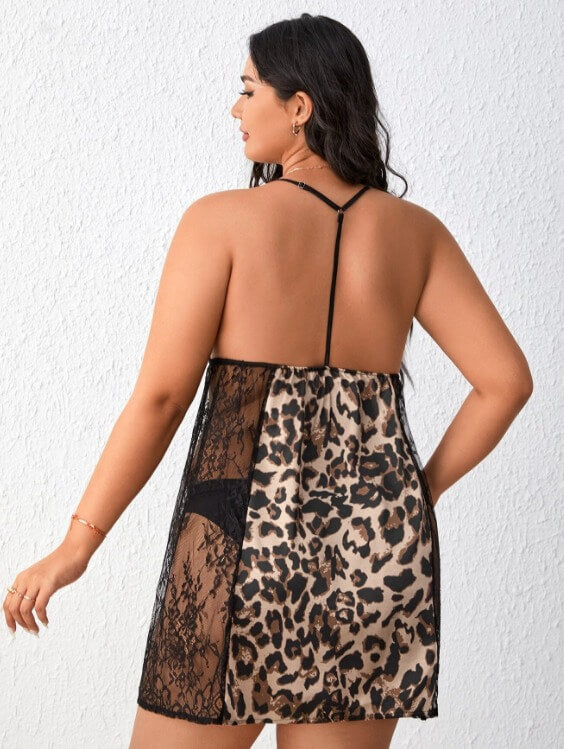 Plus Size Leopard Contrast Lace Slips - Divarouj