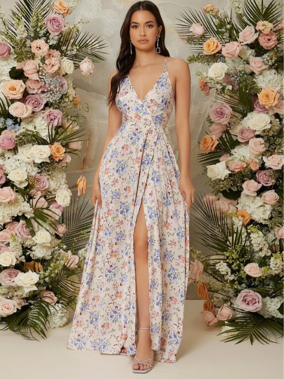 VCAY Floral Print Split Thigh Cami Dress
