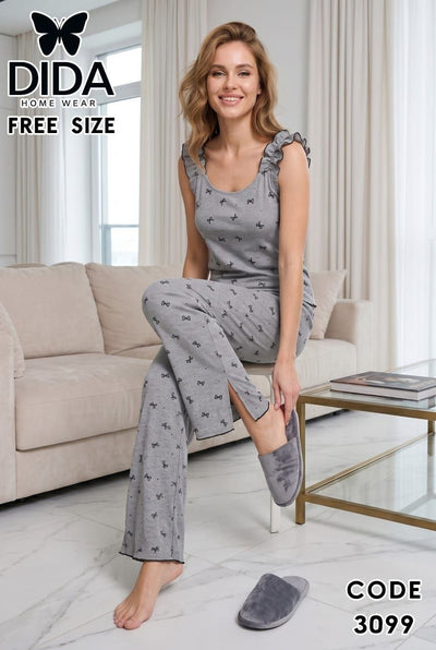 بيجامة حريمي رمادي بطبعة فيونكات – Free Size | كود 3099