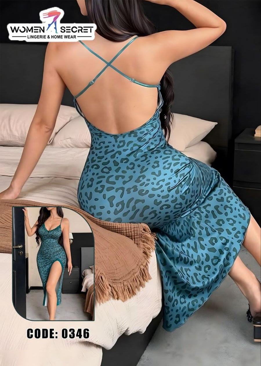 قميص نوم حريمي طويل أخضر تايجر بفتحة جانبية ودانتيل – كود 0346