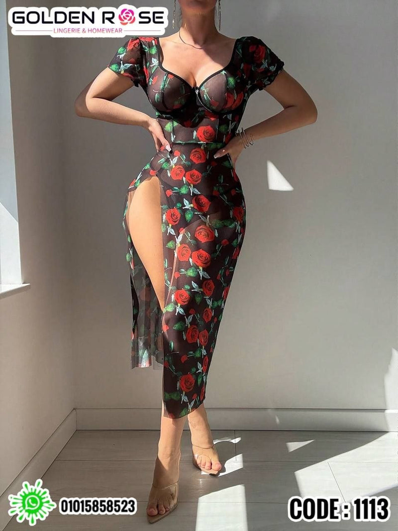 Black Rose Long Lingerie Dress Code 1113 | فستان لانجري طويل ورد أسود