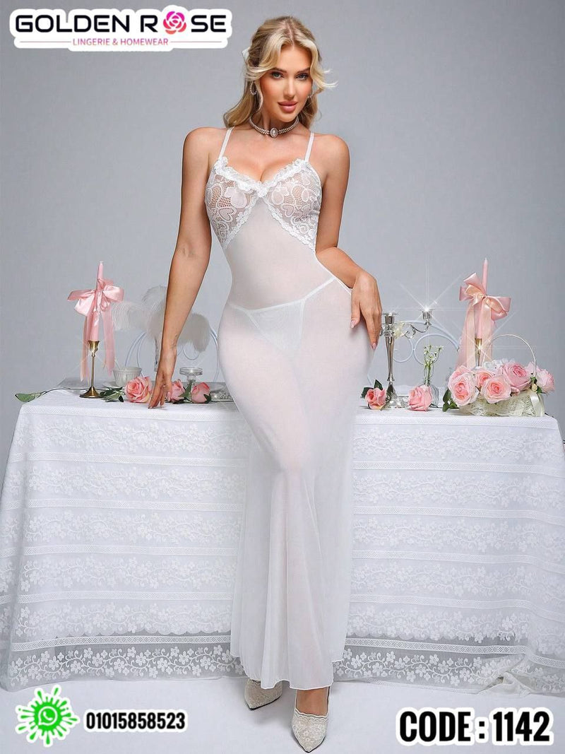 White Lace Long Lingerie Dress Code 1142 | فستان لانجري طويل أبيض بدانتيل