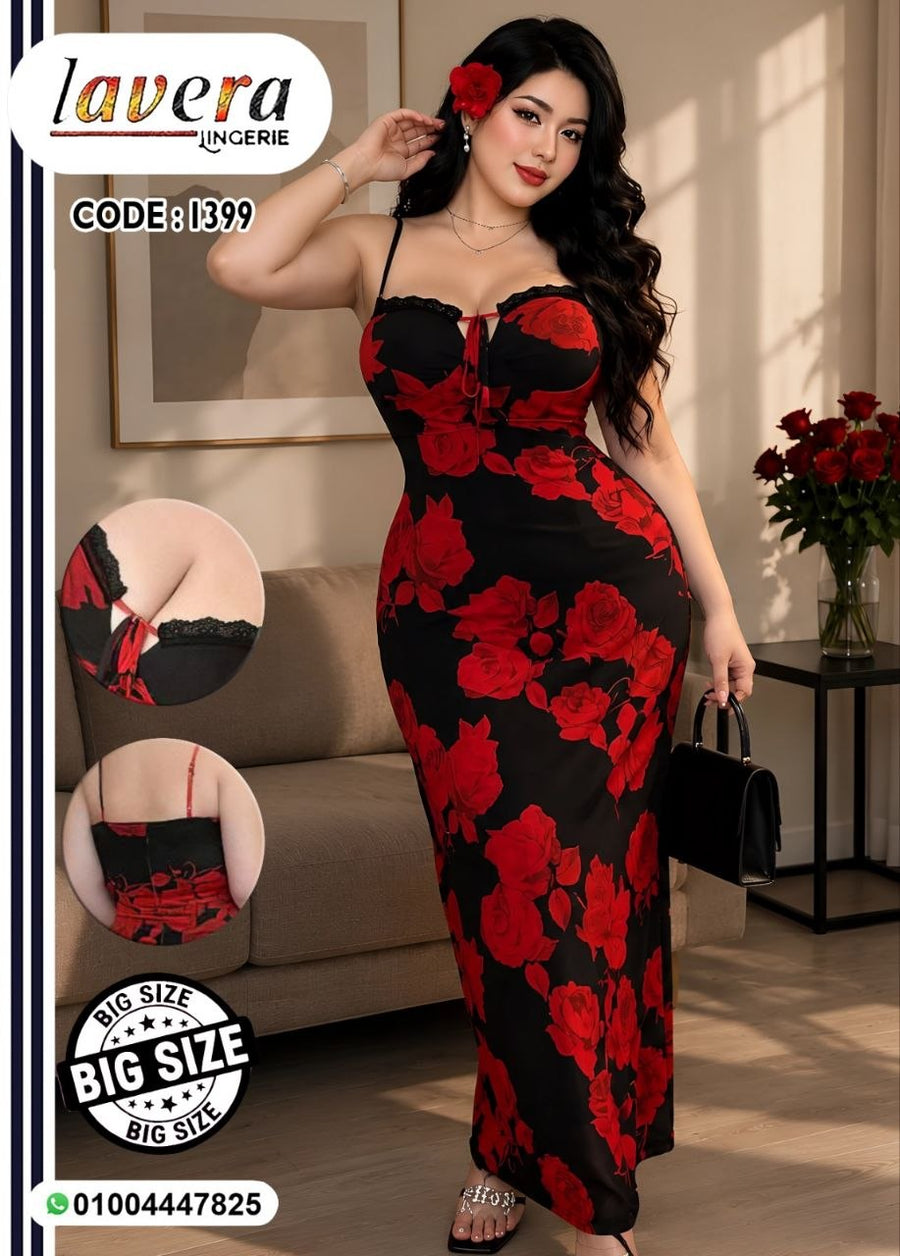 Red Rose Black Maxi Dress Code 1399 | فستان طويل ورد أحمر بيج سايز