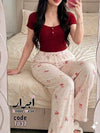 طقم بيجامة حريمي توب أحمر وبنطلون وردي مطبوع – Free Size | كود 7037