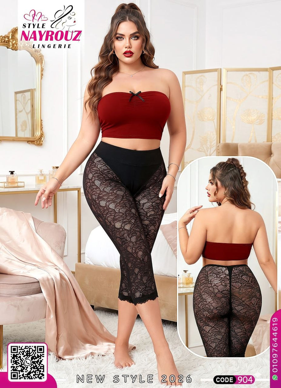 طقم حريمي توب نبيتي وبنطلون دانتيل أسود – كود 904