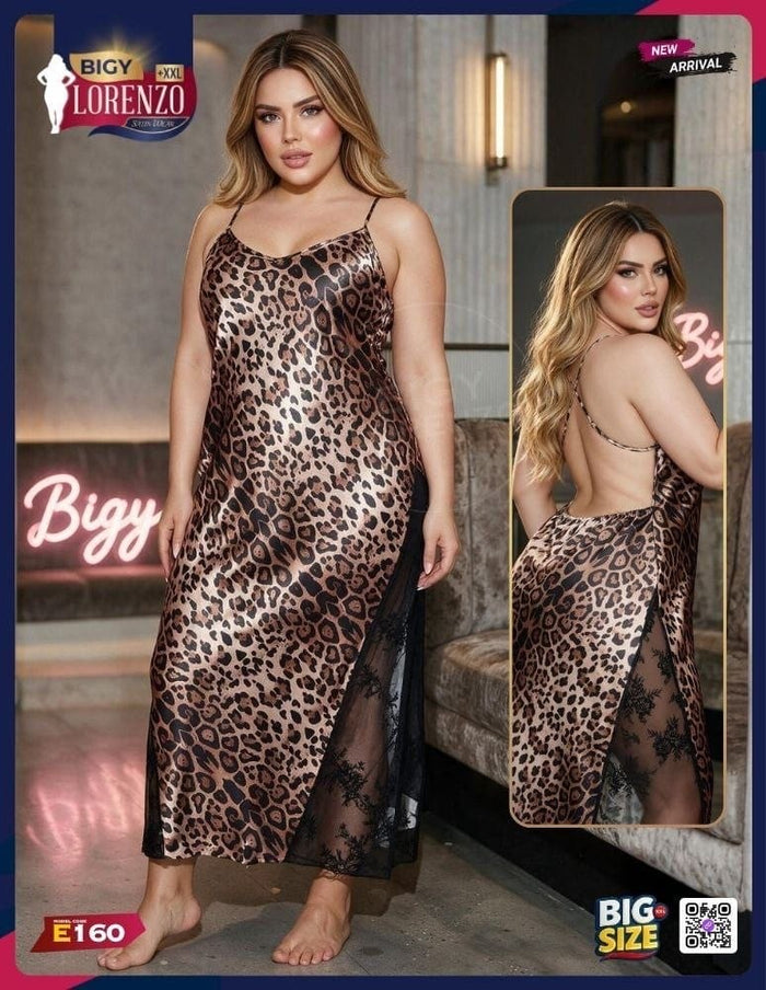 قميص نوم تايجر ساتان بدانتيل أسود Big Size كود E160
