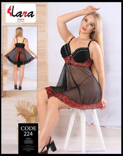 بيبي دول لانجري أسود شفاف بدانتيل أحمر – Free Size | كود 224