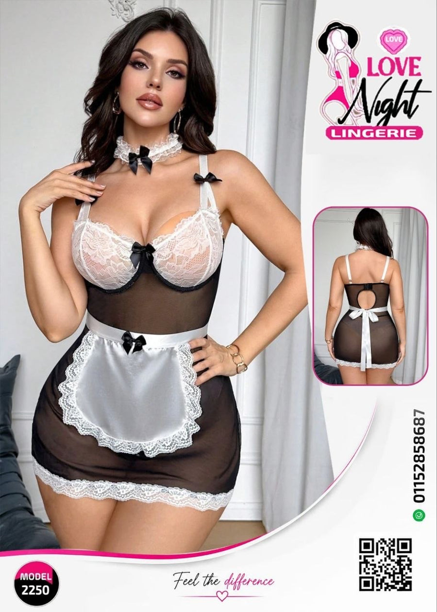 لانجري قصير أسود وأبيض دانتيل بتصميم Maid – Free Size | كود 2250