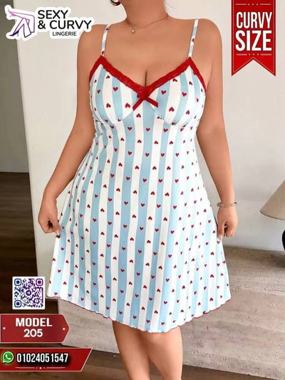 قميص نوم حريمي Big Size سماوي وأبيض بقلوب حمراء – موديل 205