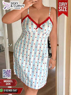 قميص نوم حريمي Big Size سماوي وأبيض بقلوب حمراء – موديل 205