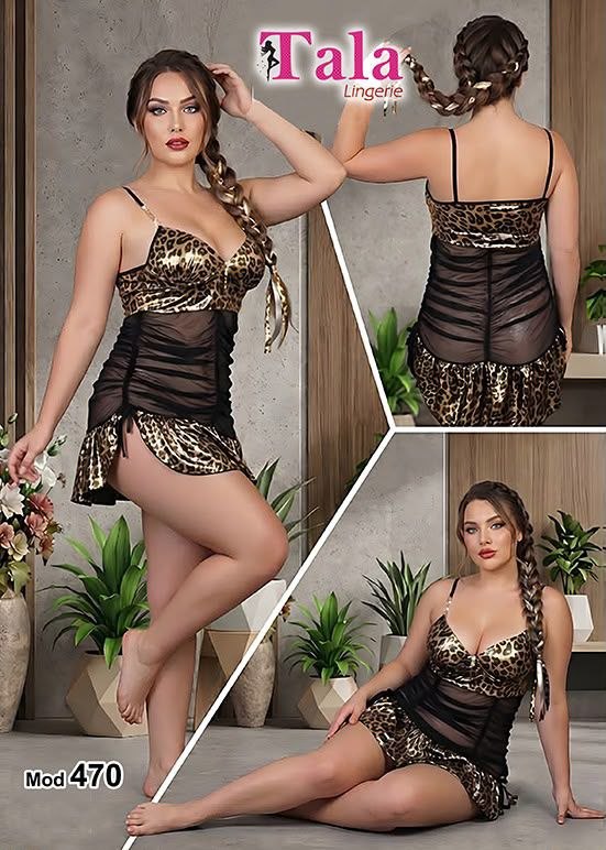 قميص نوم لانجري حريمي أسود وتايجر شفاف – موديل 470