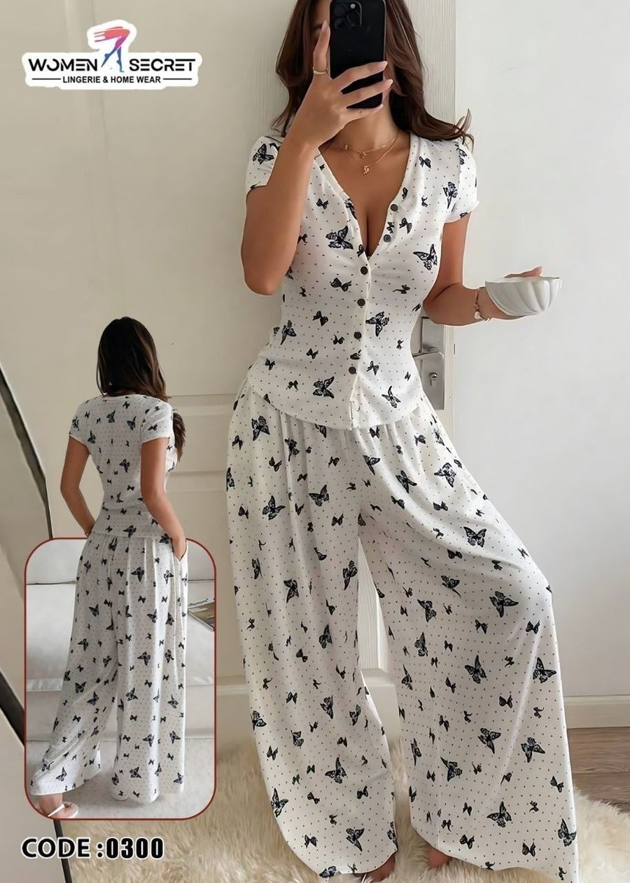 بيجامة حريمي فراشات بأزرار وبنطلون واسع – Free Size | كود 0300