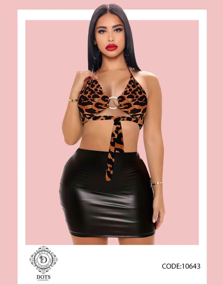 Two Piece Of Lingerie - Tiger From The Chest - Leather Short Skirt - Divarouj