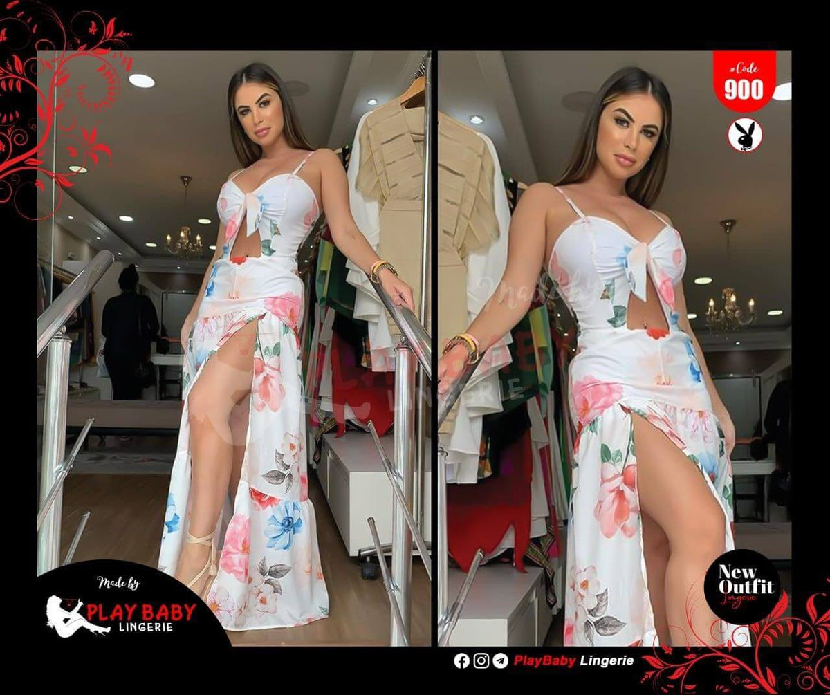 SXY Tropical Print Crop Cami Top & Side Split Skirt - Divarouj