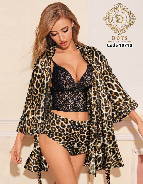 Leopard Print Belted Robe Set - Divarouj