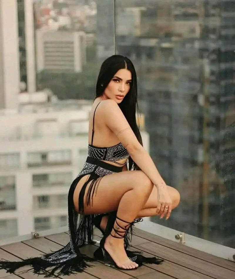 Women's Long Sleeve Sparkling Rhinestone Two Pieces Outfit Bodycon Dress Tassel Mesh Birthday Party Night Club Dresses belly dance - Divarouj