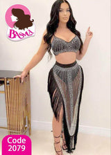 Women's Long Sleeve Sparkling Rhinestone Two Pieces Outfit Bodycon Dress Tassel Mesh Birthday Party Night Club Dresses belly dance - Divarouj