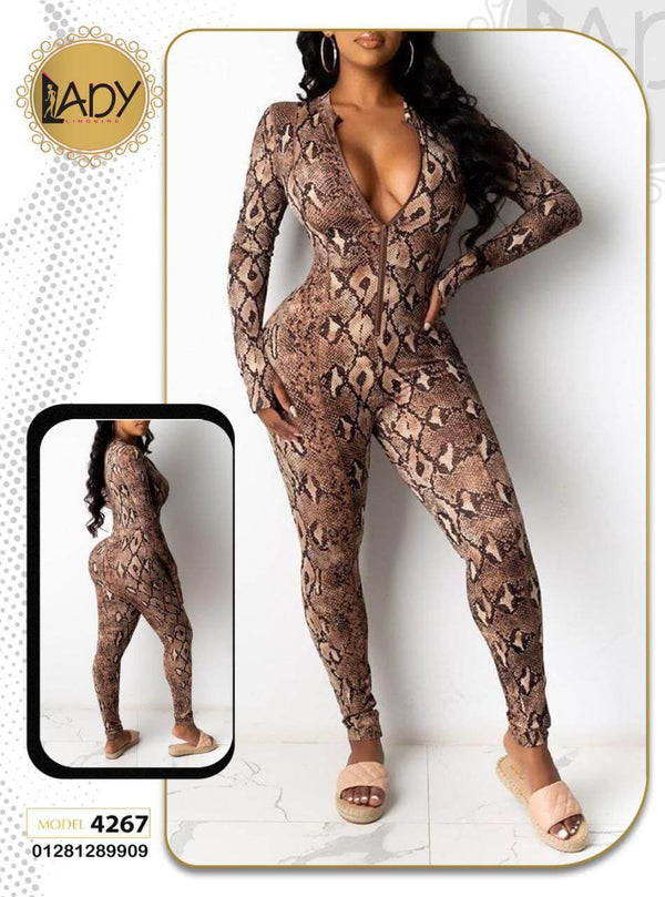 Womens Casual Zip-Up Long Sleeve Zebra Snakeskin Print Bodycon Jumpsuit - Divarouj