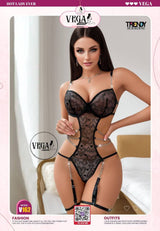 Floral Lace Chain Linked Underwire Garter Teddy Bodysuit - Divarouj