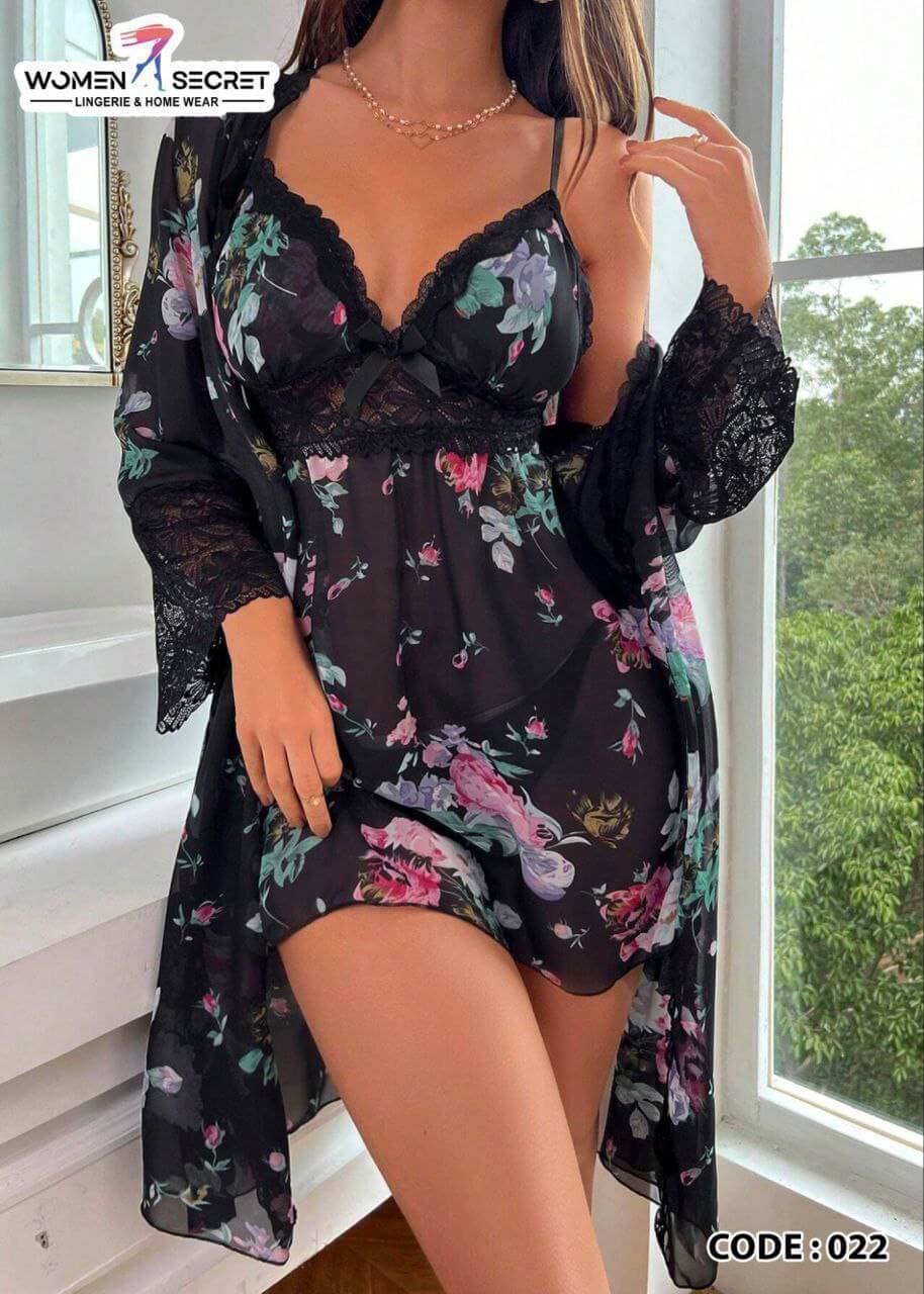FLORAL PRINT CONTRAST LACE BELTED ROBE & CAMI Lingerie - Divarouj