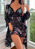 FLORAL PRINT CONTRAST LACE BELTED ROBE & CAMI Lingerie