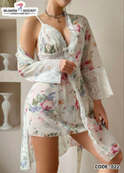 FLORAL PRINT CONTRAST LACE BELTED ROBE & CAMI Lingerie
