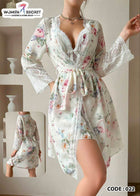 FLORAL PRINT CONTRAST LACE BELTED ROBE & CAMI Lingerie