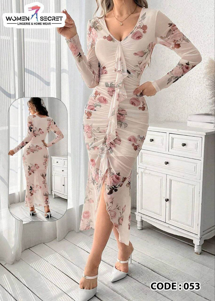 Women's Floral Print V-Neck Mesh Dress with Ruffle Hem - Divarouj